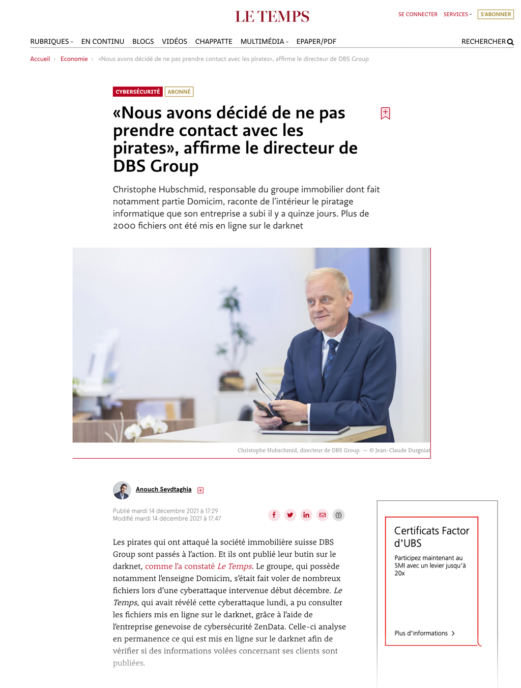 Cyberattaque de DBS Group, Domicim. Article Le Temps du 14.12.2021